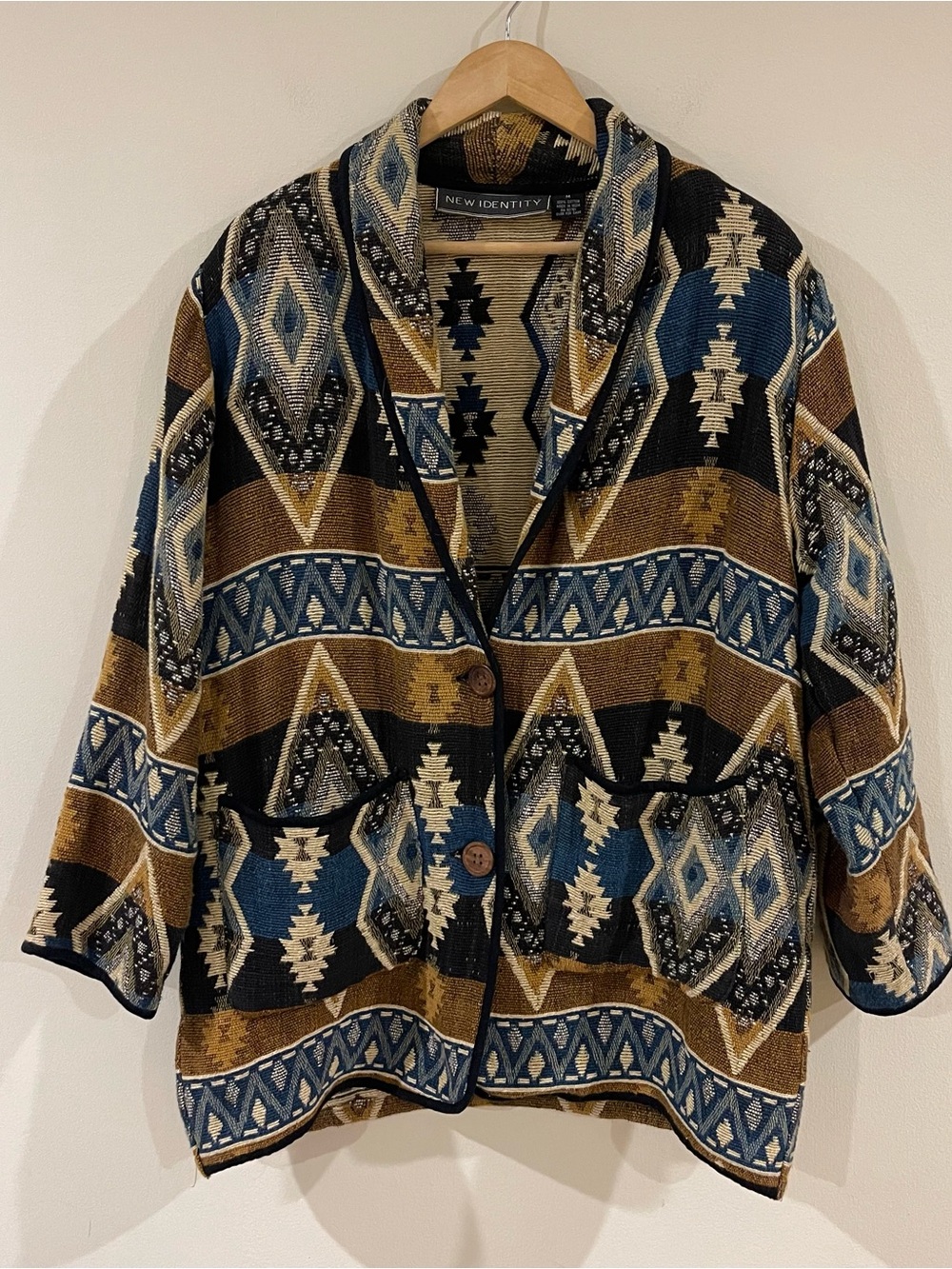 New Identity Southwestern Pattern Button Jacket in Blue, Brown & Black size M